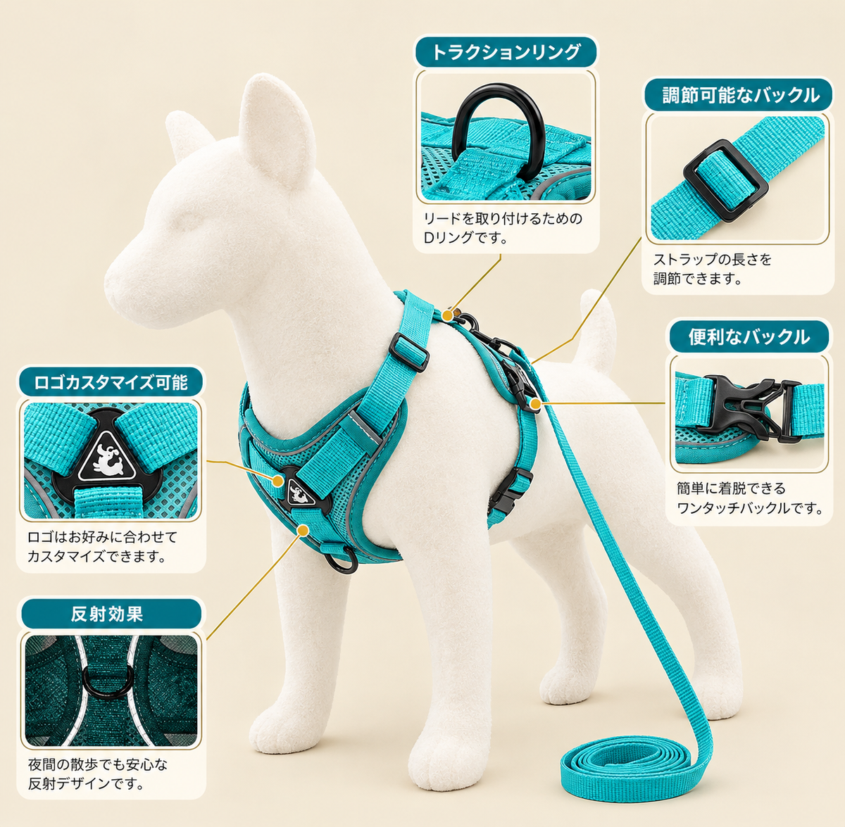犬用 ノープルハーネス 反射ストリップ付き 小型犬〜大型犬対応